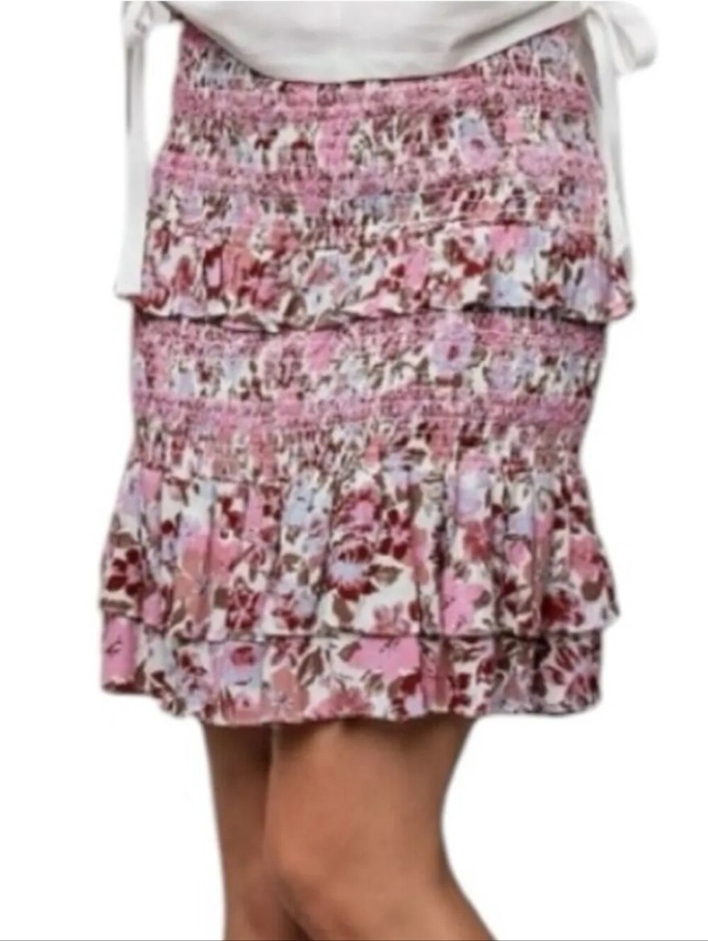 NWT Easel Floral Pink Tiered Smocked Mini Skirt In Medium